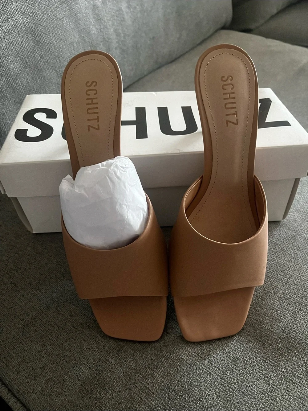 SCHUTZ Brand New Tan Brown Square Toe Slide Mules